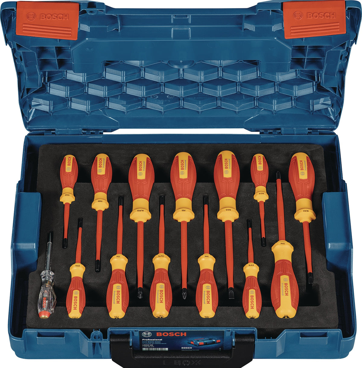 BOSCH Schraubendreher-Satz 14-teilig VDE Schlitz/PH/PZ/TX mit Phasenprüfer im Koffer