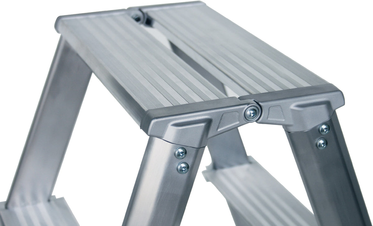 MUNK Stufenstehleiter 2x3 Stufen Aluminium – beidseitig begehbar, 150 kg