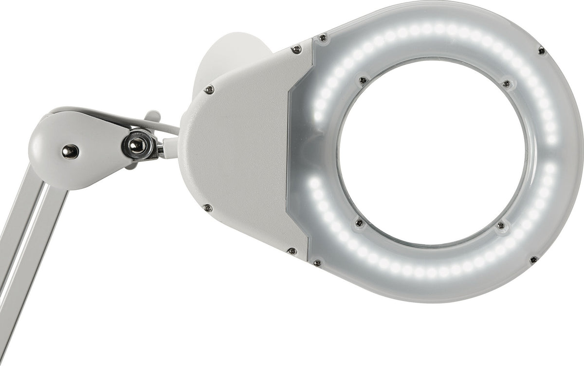 Jakob Maul LED-Lupenleuchte Glaslinse 127 mm 5 Zoll mit Tischklemme, weiß, runder Kopf