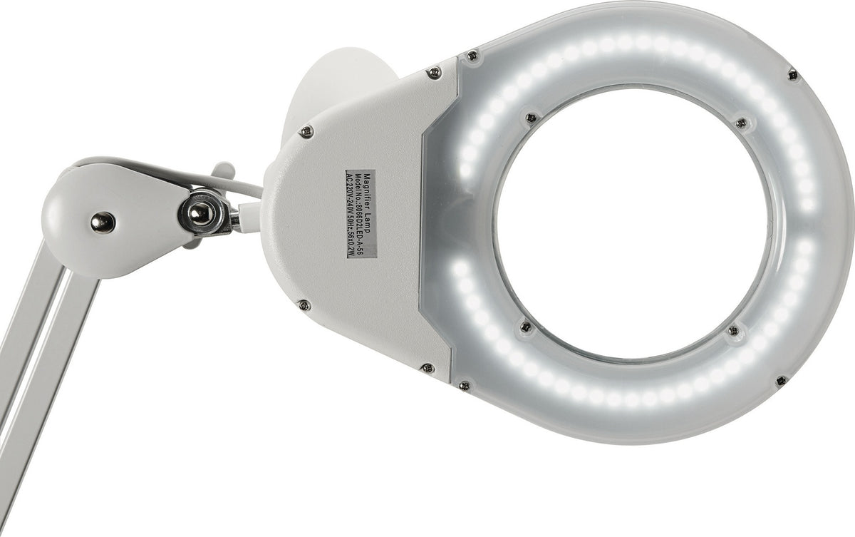 Jakob Maul LED-Lupenleuchte Glaslinse 127 mm 5 Zoll mit Tischklemme, weiß, runder Kopf