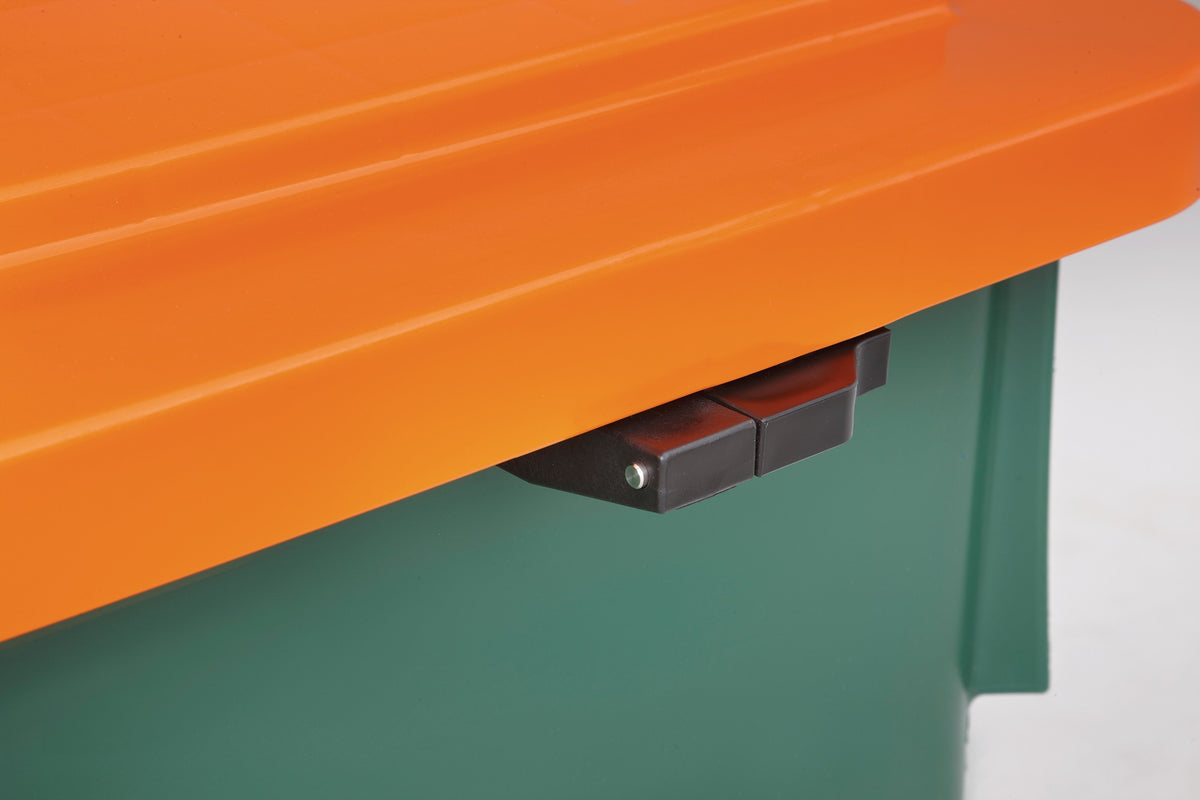 CRAEMER Streugutbehälter 210 l HD-PE grün/orange – frostbeständig, mit Deckel und Rückfallsicherung
