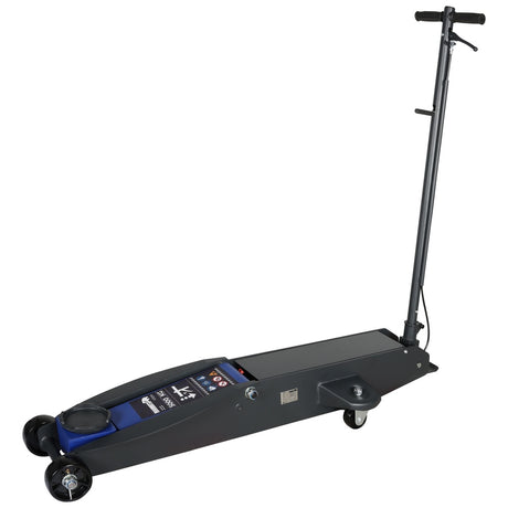 A black hydraulic floor jack with a long handle, featuring a blue lifting pad, a control panel with gauges, and four caster wheels for mobility, designed for lifting vehicles.