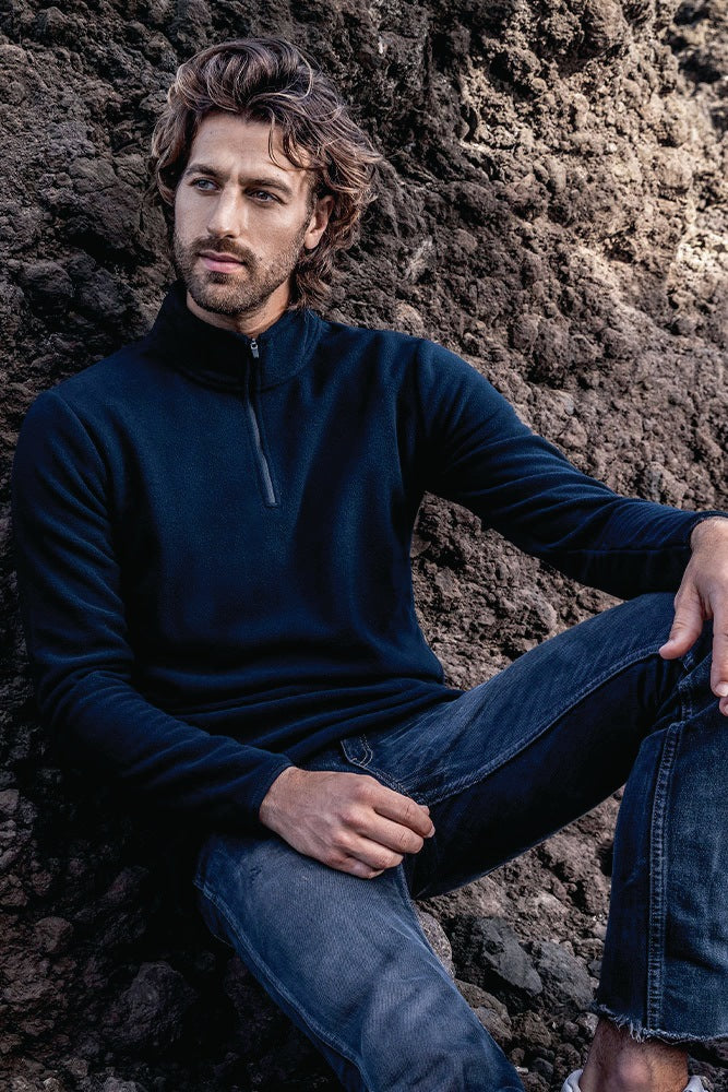 PROMODORO Fleece Troyer Herren black – Recycelter Polyester-Fleecepullover mit Stehkragen