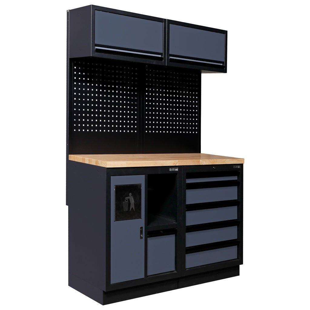 Bullram Werkstatteinrichtung 1 – Kompaktes Werkstattmodul with robust solid wood worktop, integrated sink, paper holder, and waste bin, offering organized storage and workspace, featured on tools.de.