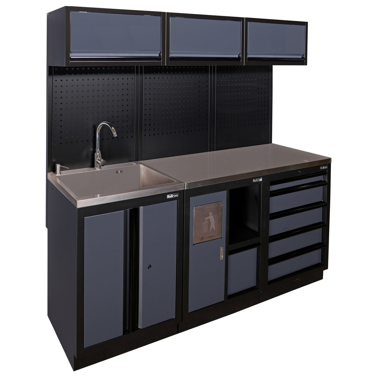 Bullram Werkstatteinrichtung Komplettmodul mit Waschplatz, Hängeschränken & Edelstahl-Arbeitsplatte - GCMODWT