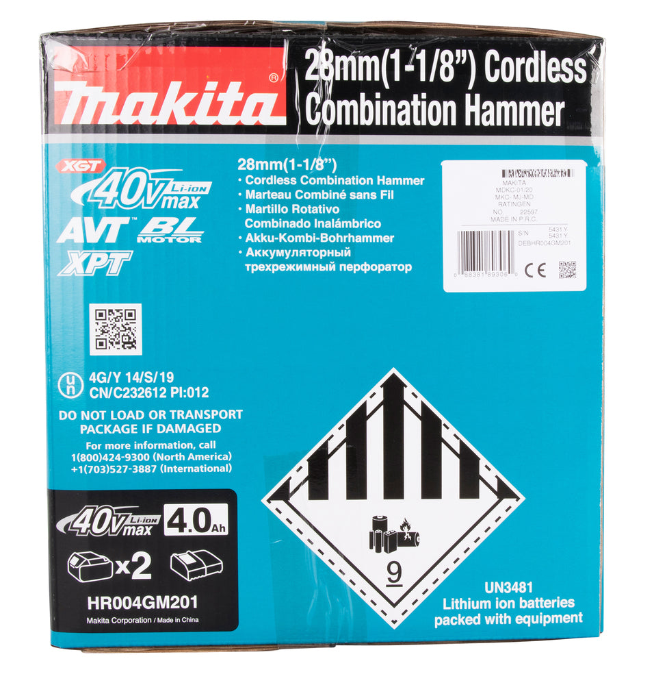 Makita Akku-Kombihammer SDS-MAX – 40V max., inkl. 2x 4,0 Ah Akkus, Ladegerät & MAKPAC - HR004GM201