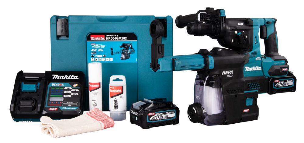 Makita Akku-Kombihammer SDS-MAX – 40V max., inkl. 2x 4,0 Ah Akkus, Ladegerät, MAKPAC & Staubabsaugung DX14 - HR004GM202