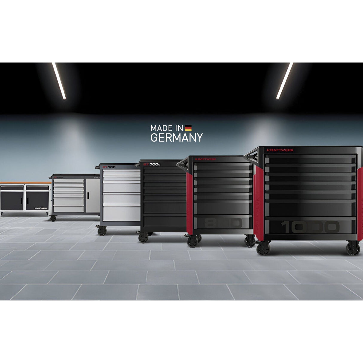 Kraftwerk Werkstattwagen bestückt - Werkstattwagen mit Werkzeug bestückt „Made in Germany" Modell BASIC LINE BT1800, 13 Schubladen + 1 Schrank, 395-tlg