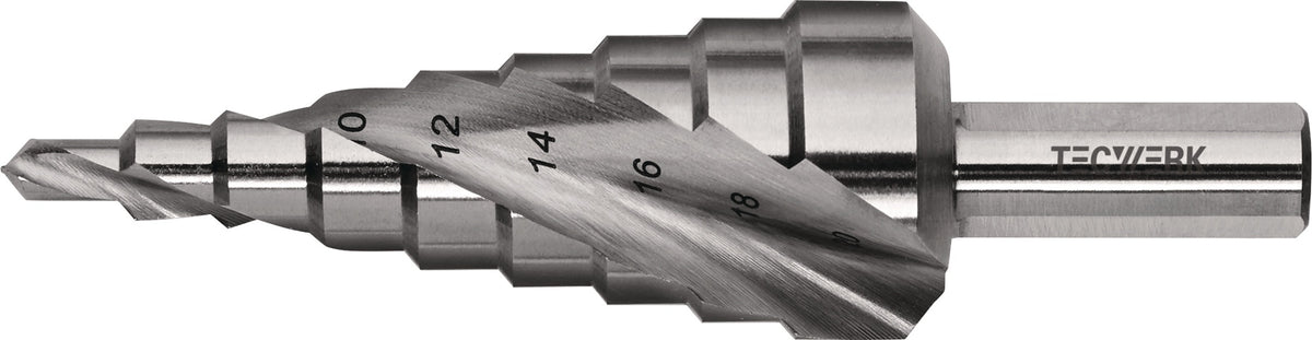 Stufenbohrer HSS spiralgenutet 4-12 mm, 9 Stufen, TECWERK – Präzisionsbohrer für Metall