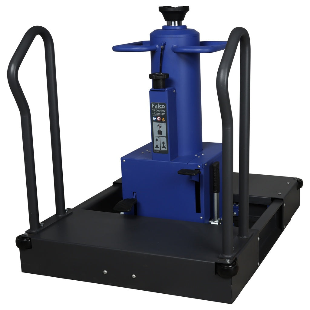 A blue and black Falco 15-ton rolling pit jack, a heavy-duty hydraulic lift with a base, handles, and wheels, shown from a slightly elevated angle.