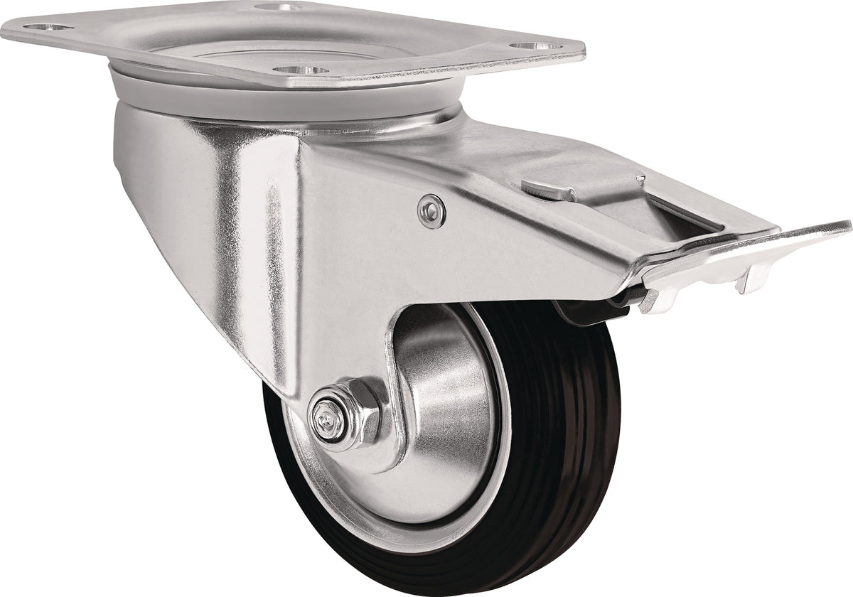 TECWERK Lenkrolle mit Totalfeststeller 80 mm Vollgummi, Tragfähigkeit 70 kg, Plattenbefestigung 105 x 80 mm