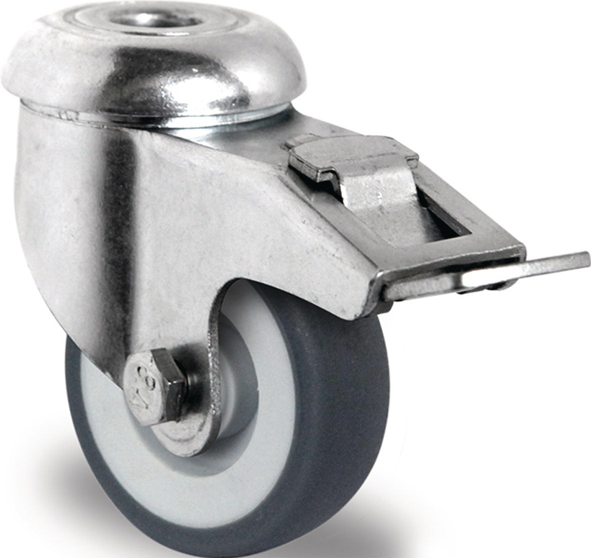 PROMAT Lenkrolle mit Totalfeststeller 50 mm, Tragfähigkeit 50 kg, Rückenloch 11 mm, Gleitlager, Gummi grau