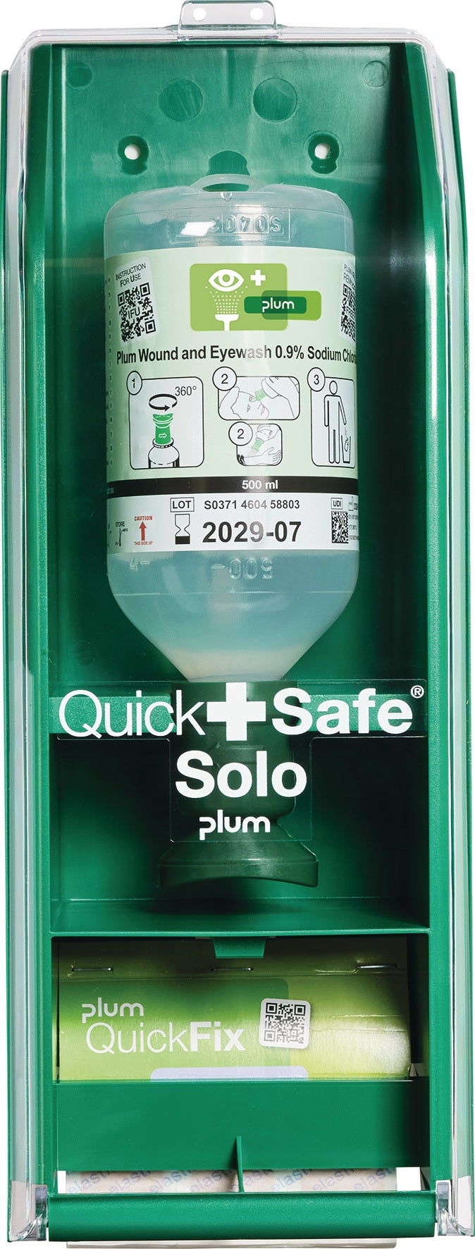 PLUM Augenspülstation QuickSafe Solo 0,5 l mit Pflasterrefill B140 mm – Erste-Hilfe-Ausrüstung