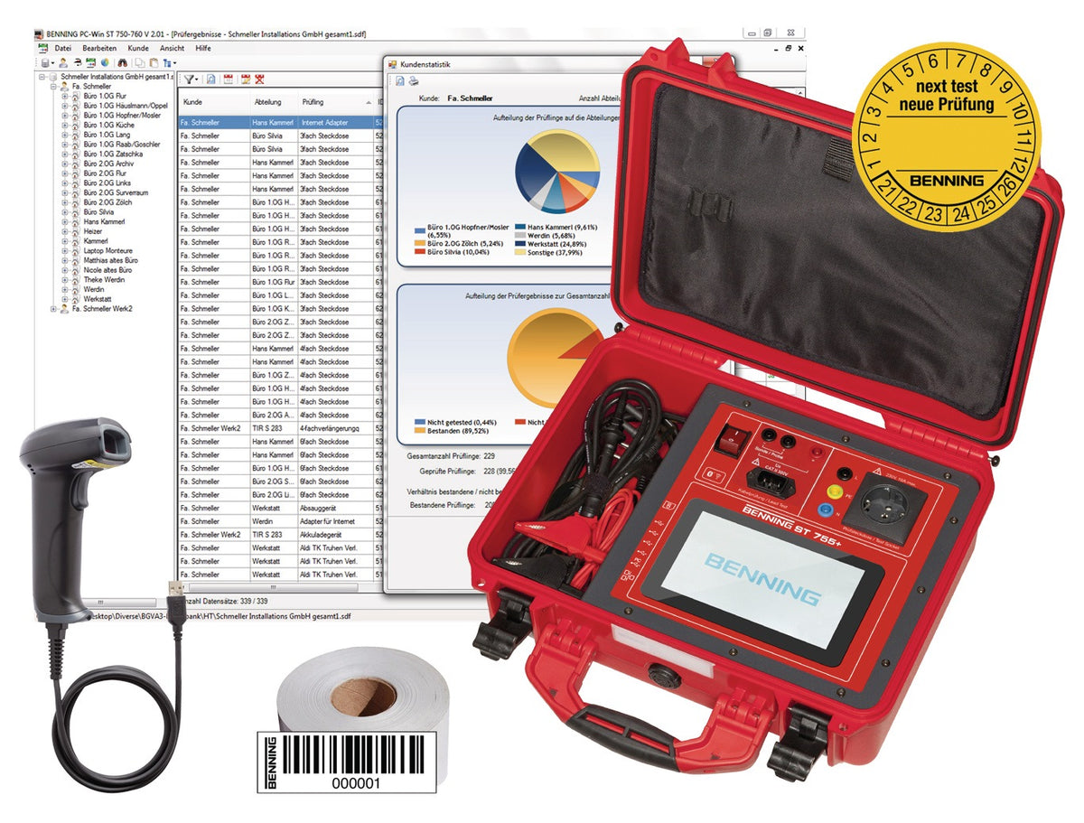 BENNING Gerätetester ST 755+ Set mit Schutzleiter- / Isolationswiderstand – 7"-Touchscreen, WLAN, Bluetooth