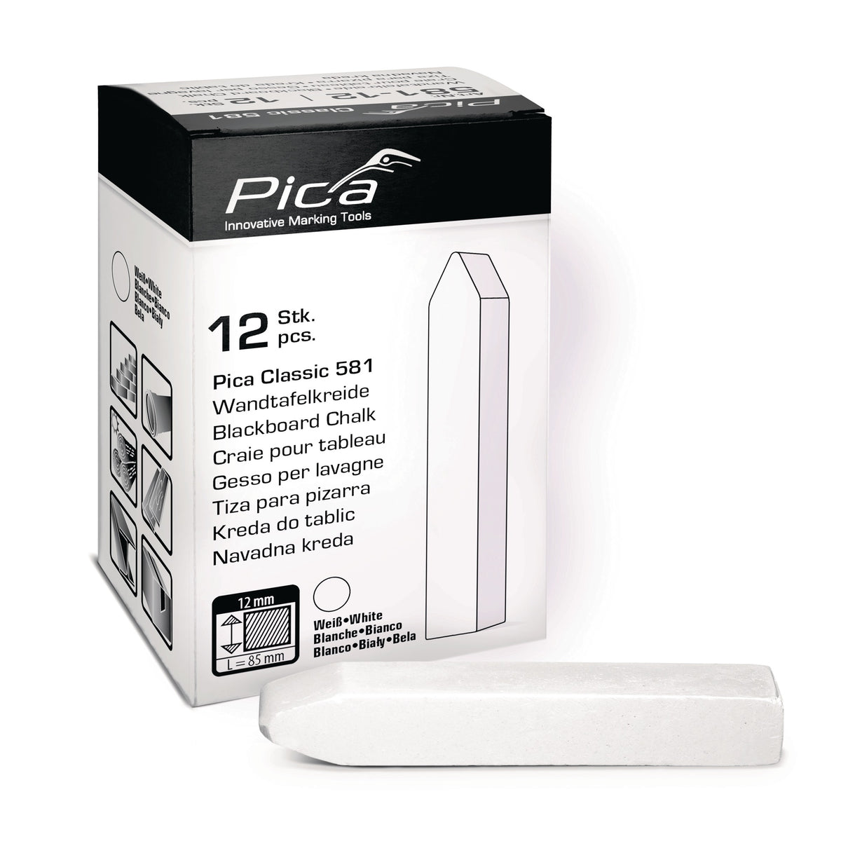 PICA Tafelkreide Classic weiß, angespitzt, 12 Stück, 90 x 12 x 12 mm