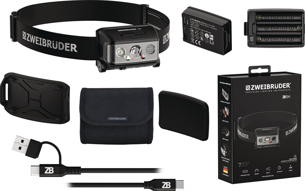 ZWEIBRÜDER LED-Stirnleuchte ZB3H mit 2000 mAh Akku, USB-C und 150 m Leuchtweite