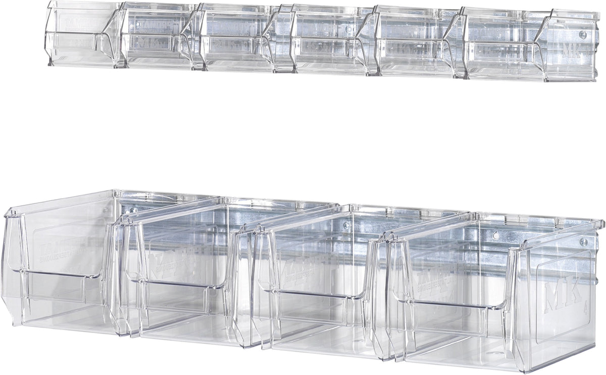 PROMAT Wandschiene 602 mm mit 4 transparenten Sichtlagerkästen MK4, verzinkter Stahl
