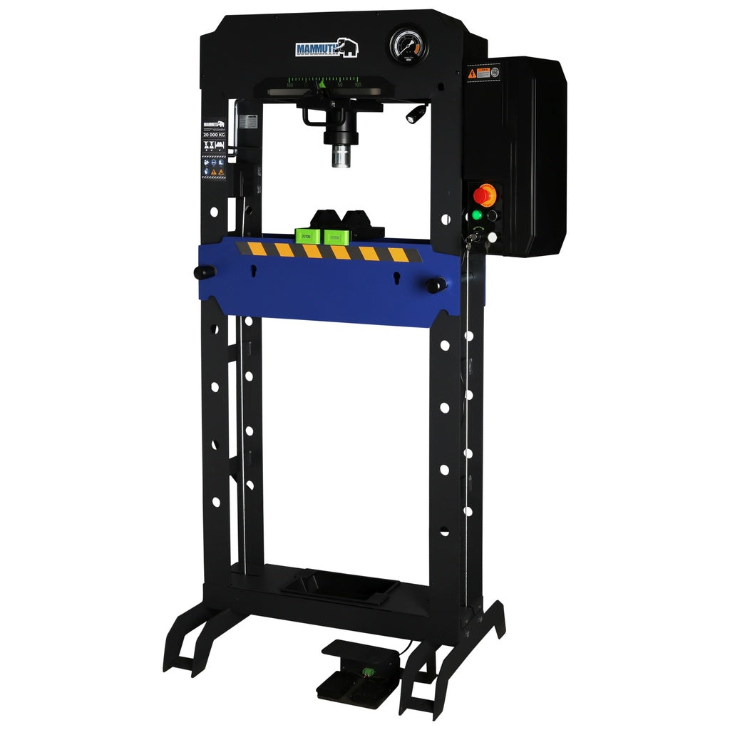 A black industrial hydraulic press with a blue safety guard, featuring a control panel with buttons, a foot pedal, and a robust frame with a hydraulic cylinder, branded with "Hammertone" on the side.