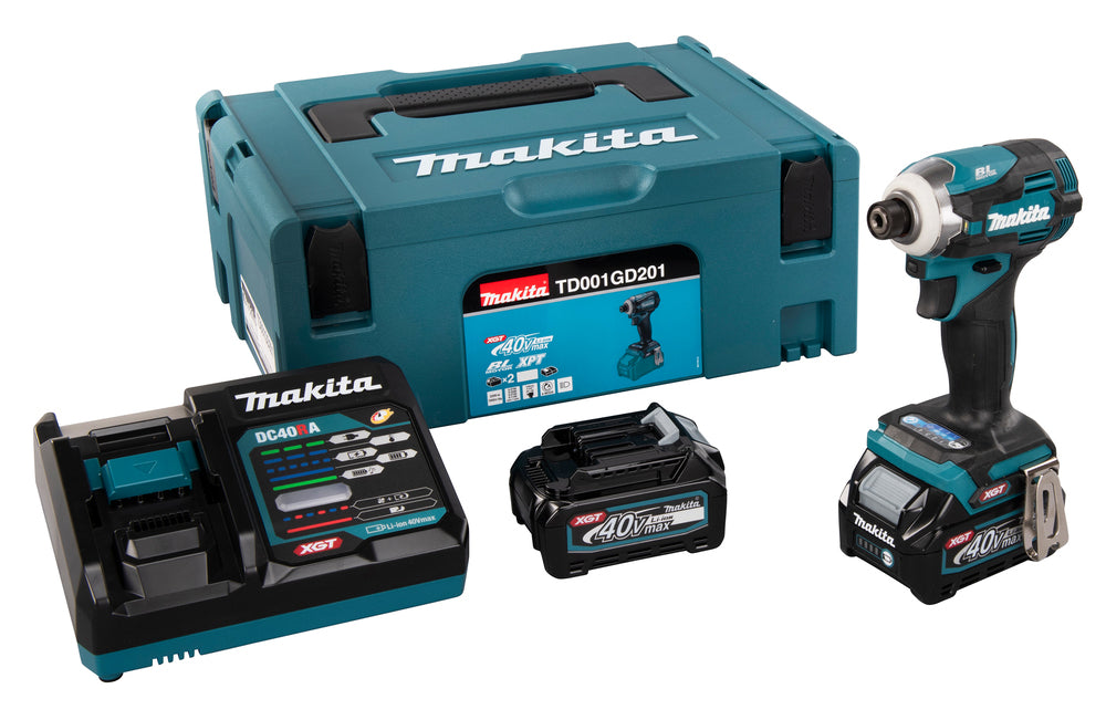Makita Akku-Schlagschrauber 40V max – bürstenlos, LED, XPT & Set mit 2 Akkus 2,5 Ah + Ladegerät - TD001GD201