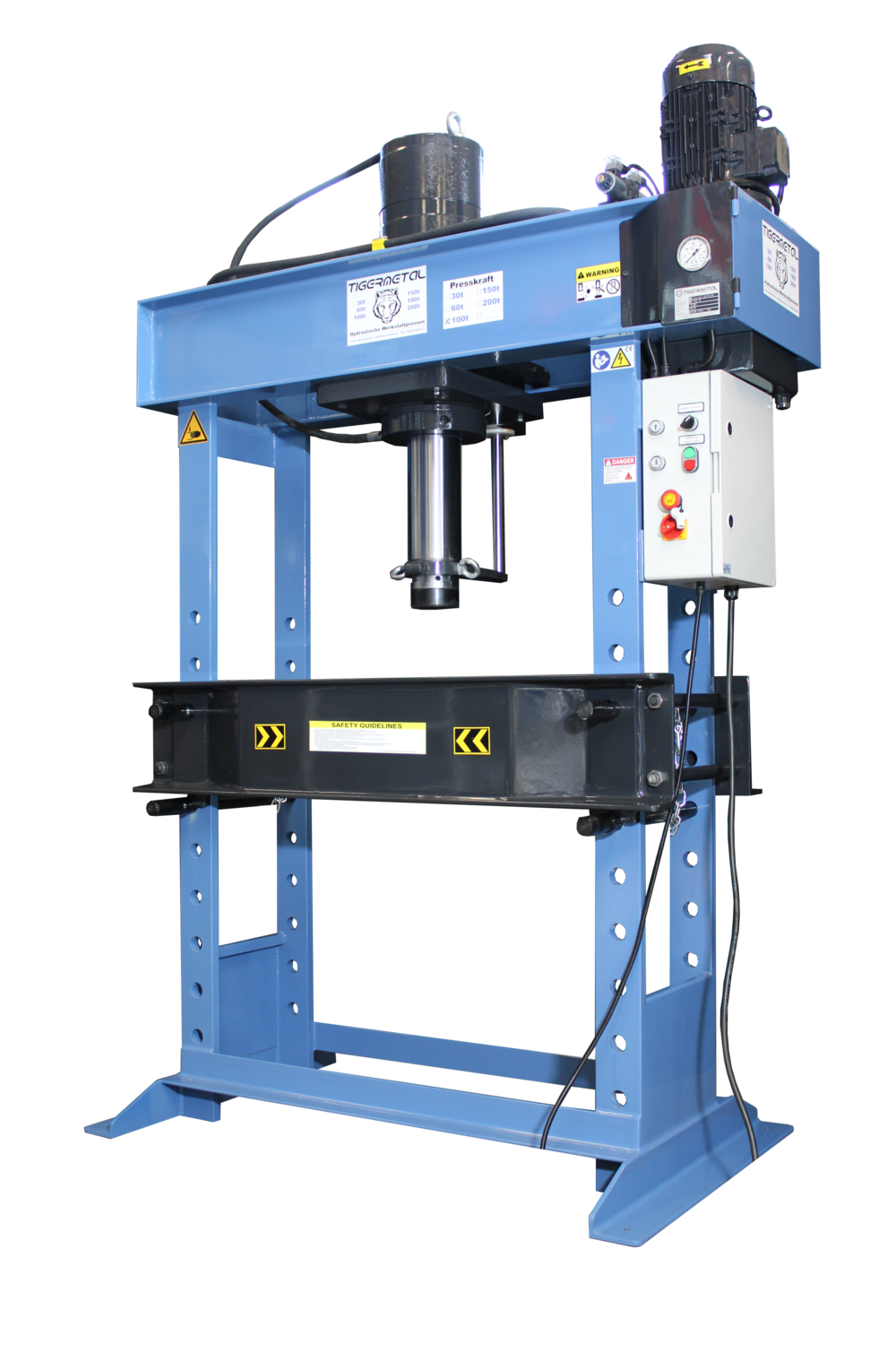Tigermetal Hydraulische Werkstattpresse 100 Tonnen Automatik – Serienleistung mit Fußsteuerung und Endanschlägen - TMWH100A