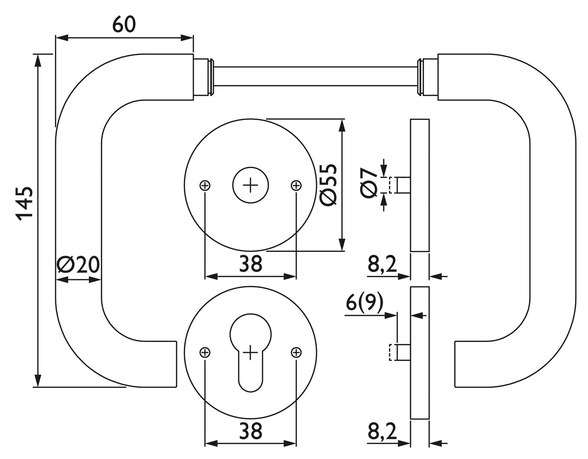 TECWERK Rosettengarnitur NW-401-1 Edelstahl U-Form PZ DIN L/R – fest/drehbar, Profilstift