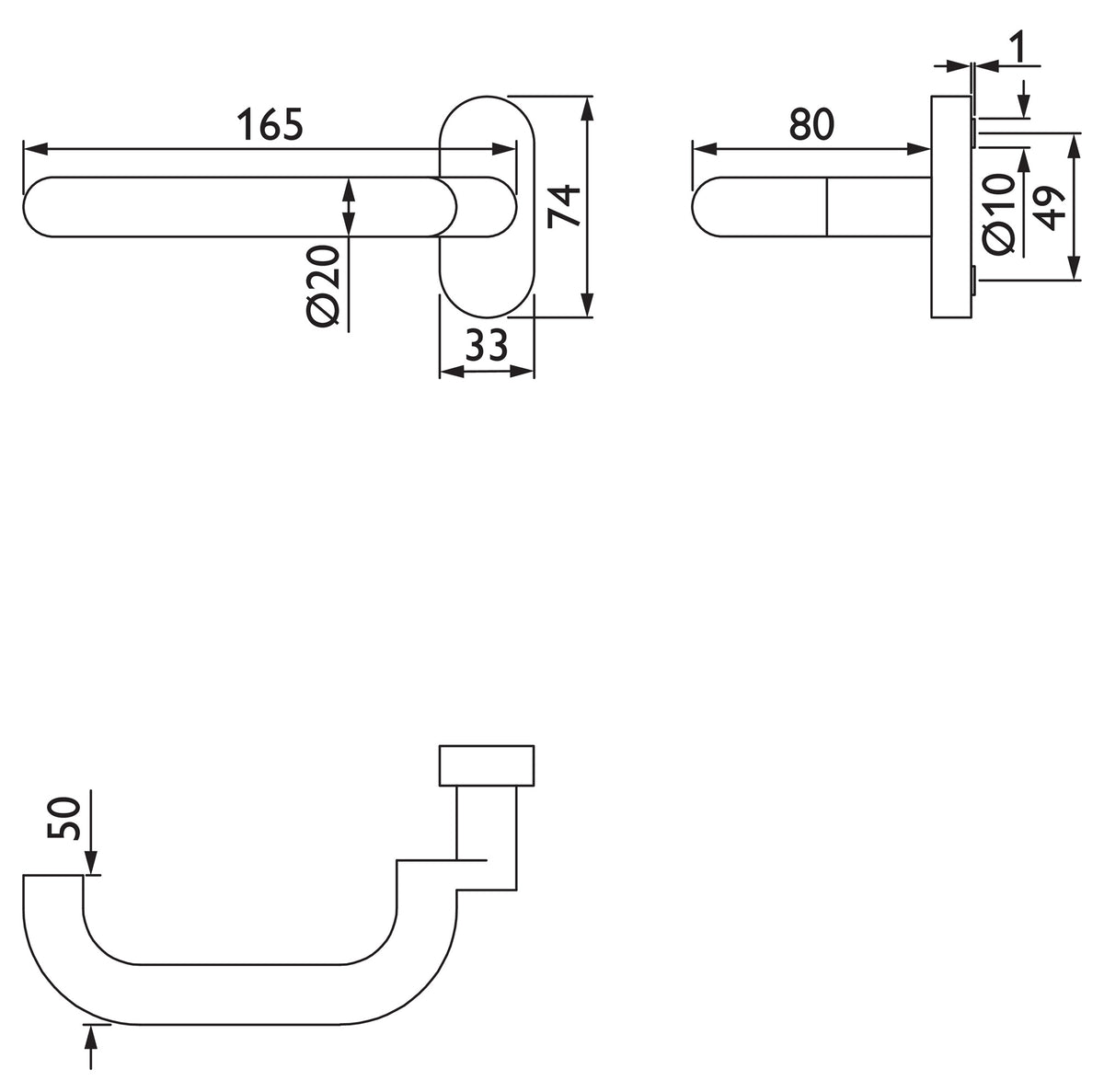 TECWERK Profiltürdrückerlochteil NW-500-1 Edelstahl U-Form 8 mm gekröpft