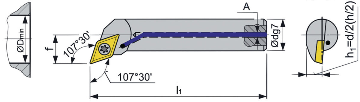 TECWERK Bohrstange A12K-SDQCR 07 mit Innenkühlung, rechts, vernickelt