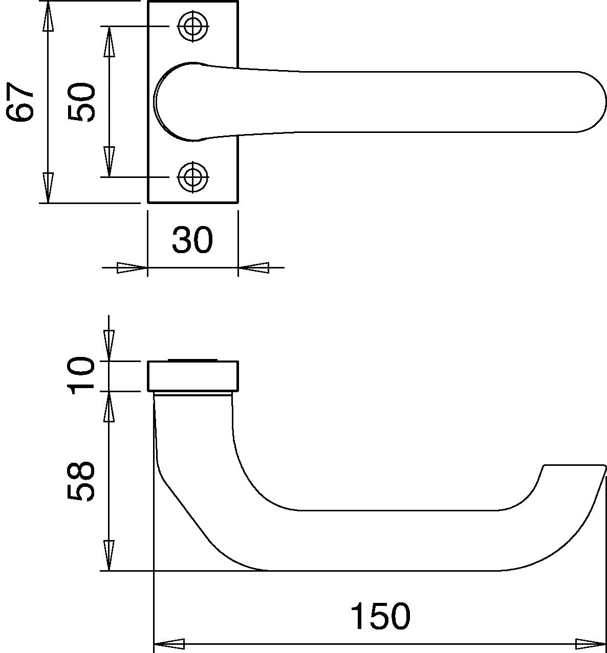 EDI Profiltürdrückerlochteil 2308/0000 Aluminium F1 kantig 8 mm gekröpft
