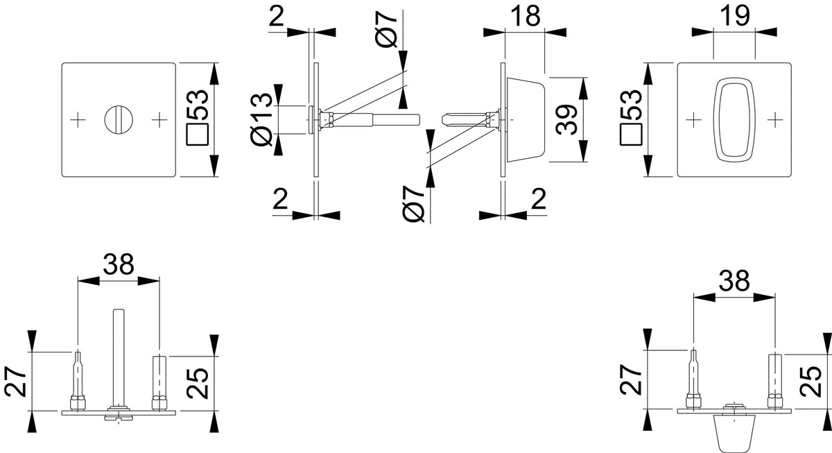 HOPPE Schlüsselrosetten-Paar E848NS Edelstahl quadratisch 53 mm für Innentüren