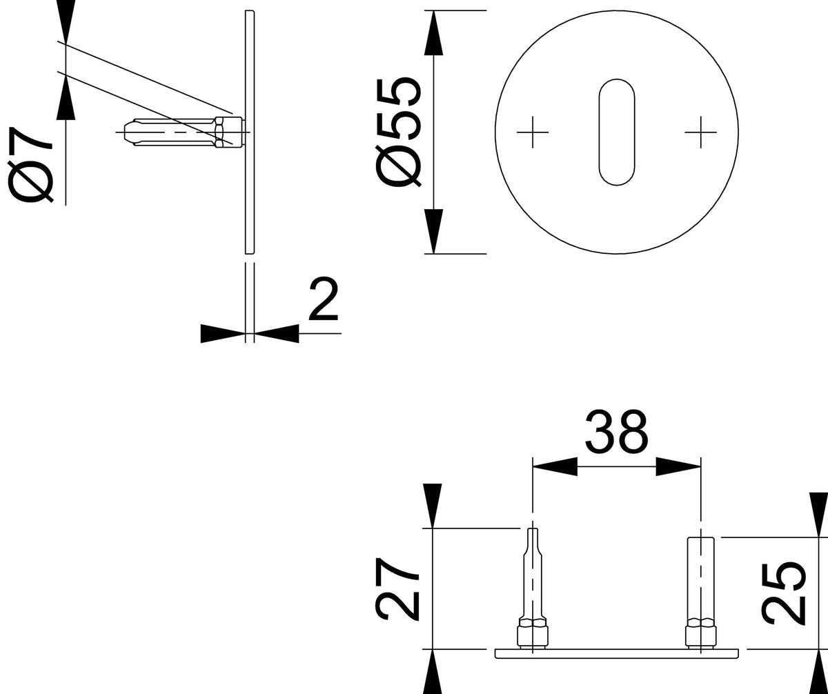 HOPPE Schlüsselrosetten-Paar E849NS Edelstahl matt für Innentüren – SchnellstiftPlus, 2 mm, Ø 55 mm