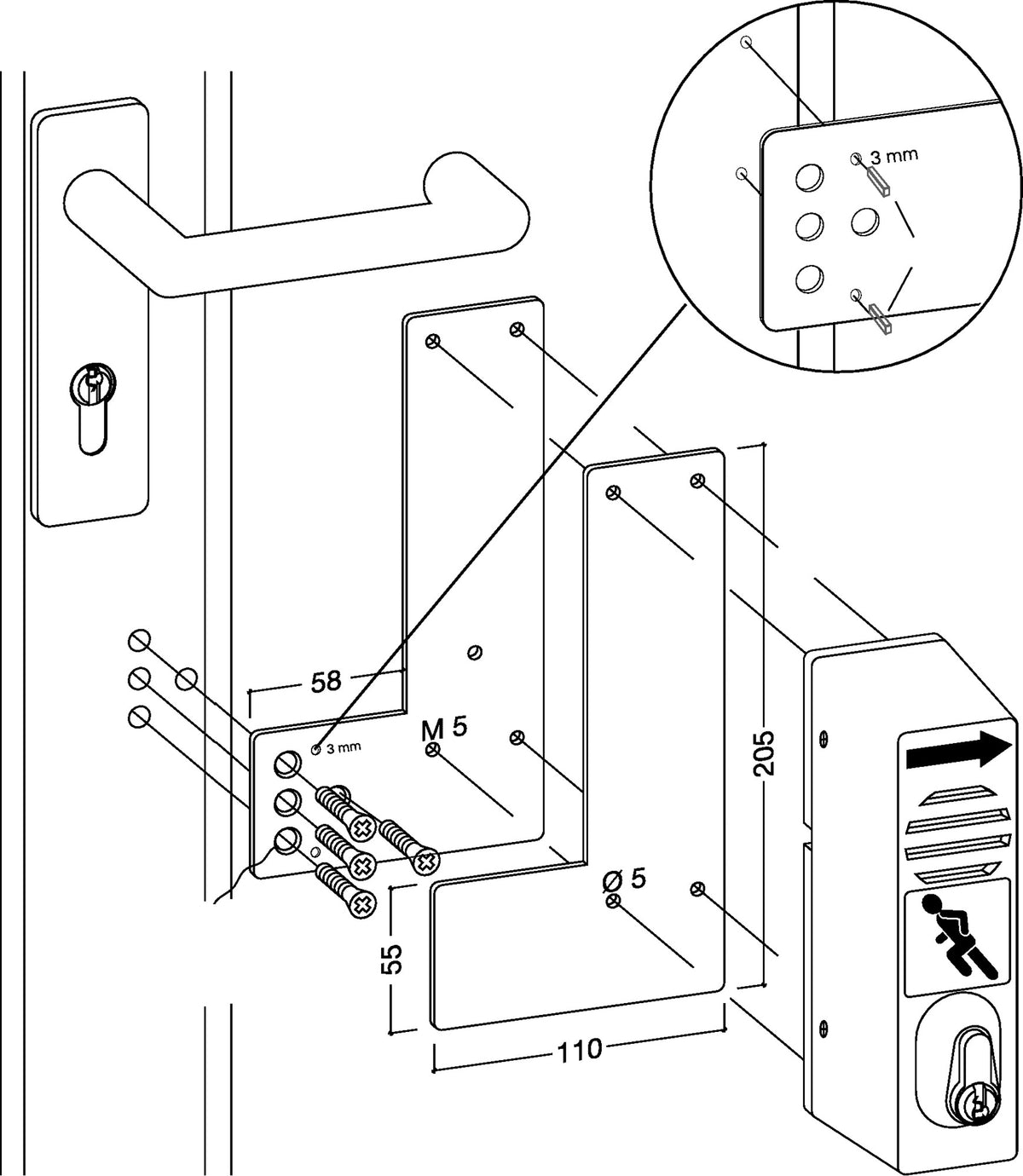 GFS Montageplatte 901470 für Schwenk-Türwächter an Glastüren DIN L/R 175x110 mm