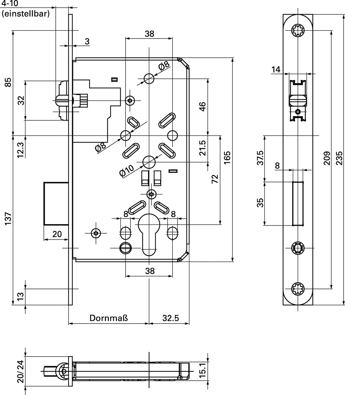 BKS Pendeltürschloss 055 PZ 24/55 mm DIN links/rechts Stulp Edelstahl käntig Rollfalle