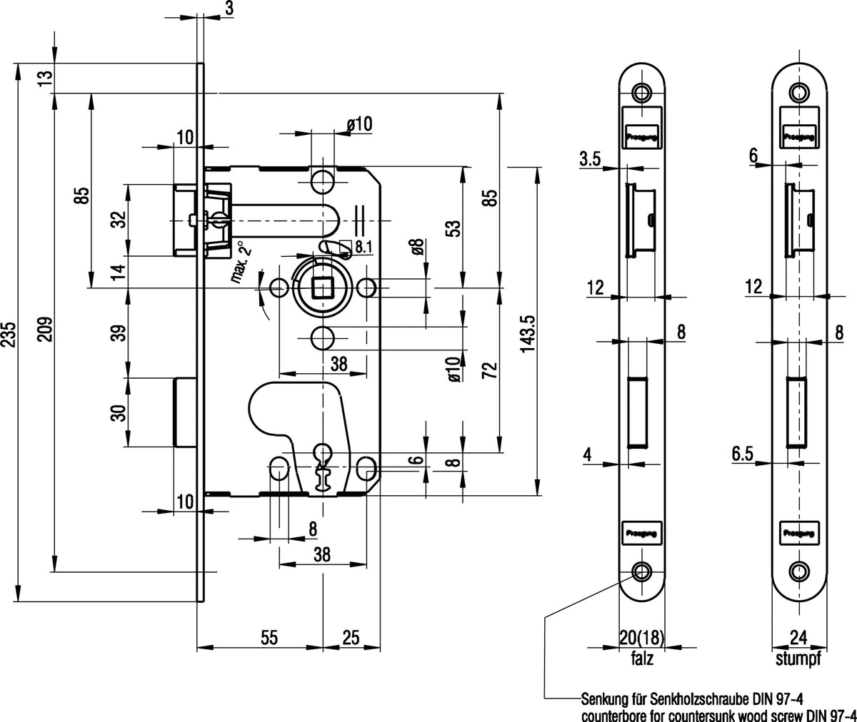 BKS Zimmertür-Einsteckschloss 0215 BB, DIN links, 55/72/8 mm, silber – Klasse 1