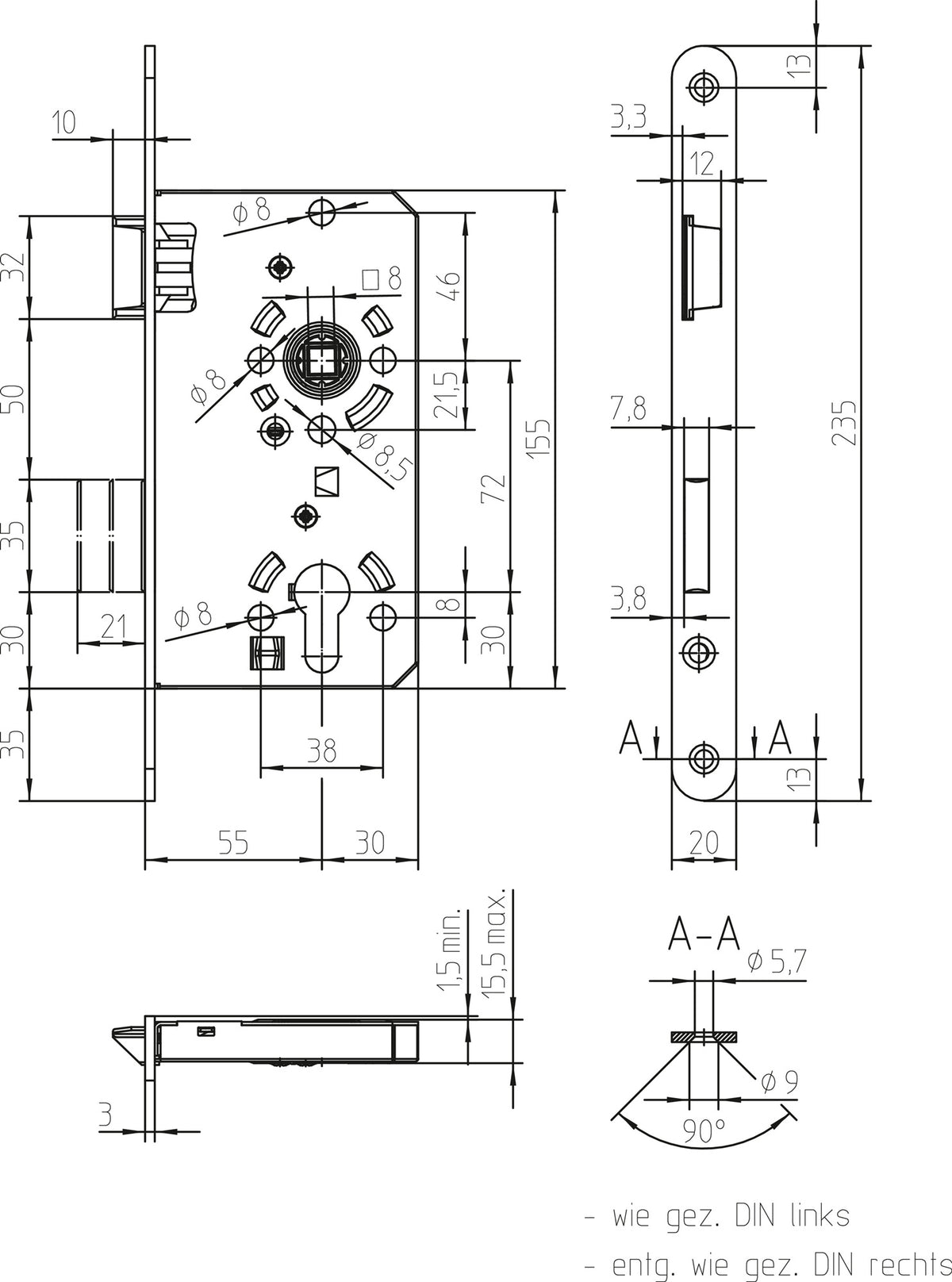 SSF Zimmertür-Einsteckschloss Klasse 2 PZW 55/72/8 mm DIN links Zinkdruckguss