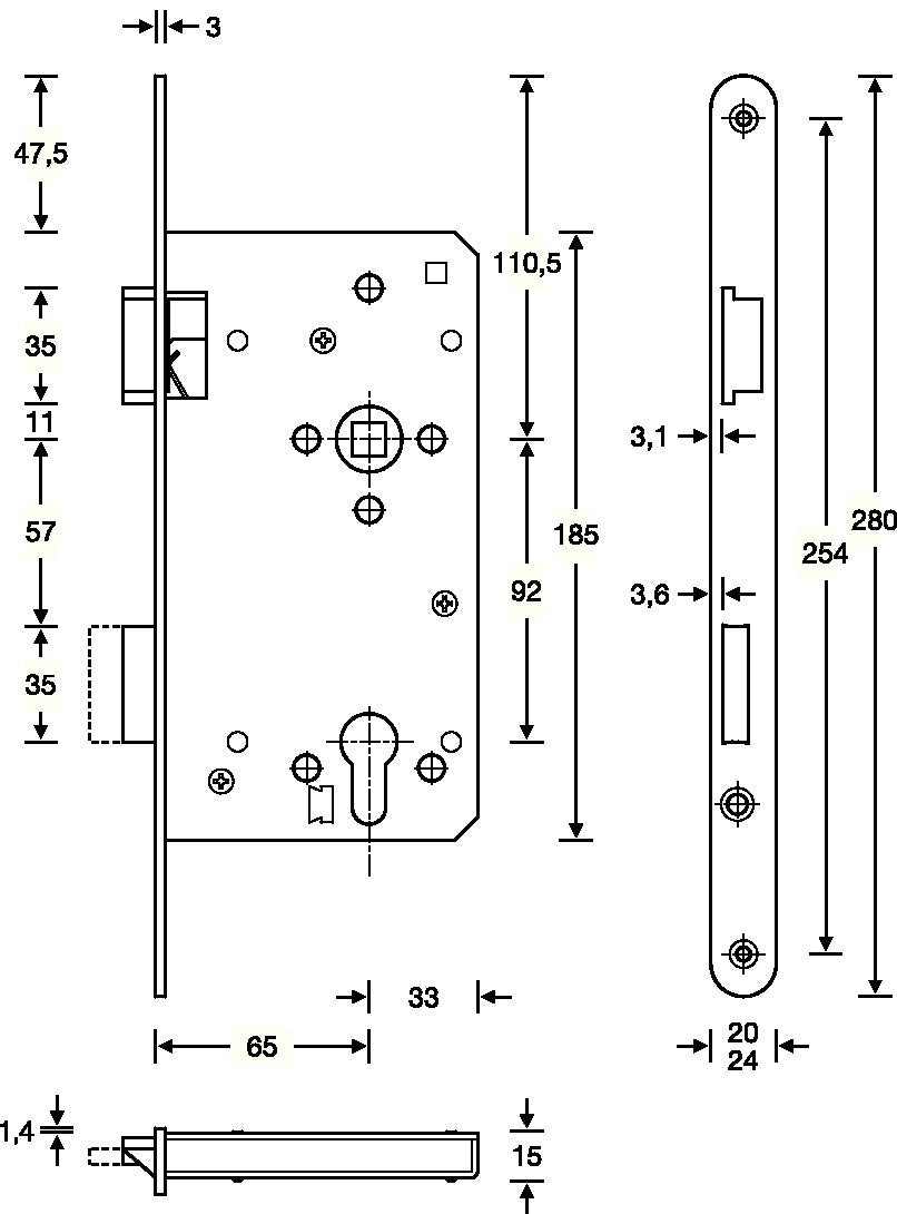 SSF Haustür-Einsteckschloss PZW 20/65/92/10 mm DIN Links silber abgerundet
