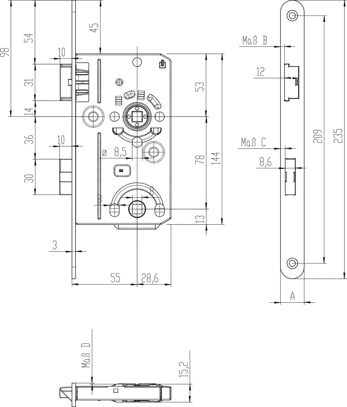 SSF Zimmertür-Einsteckschloss BAD DIN links, Stulp silber abgerundet, Klasse 2, 8 mm Vierkant