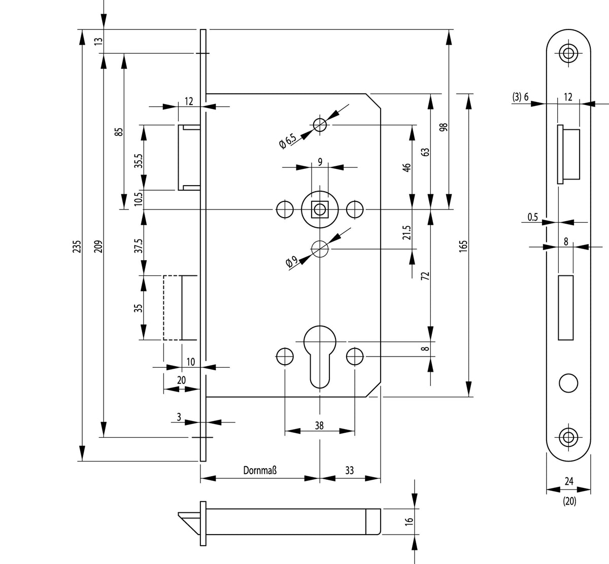 BKS Panik-Einsteckschloss 1201 Funktion E, DIN links, 20/65/72/9 mm, Edelstahl