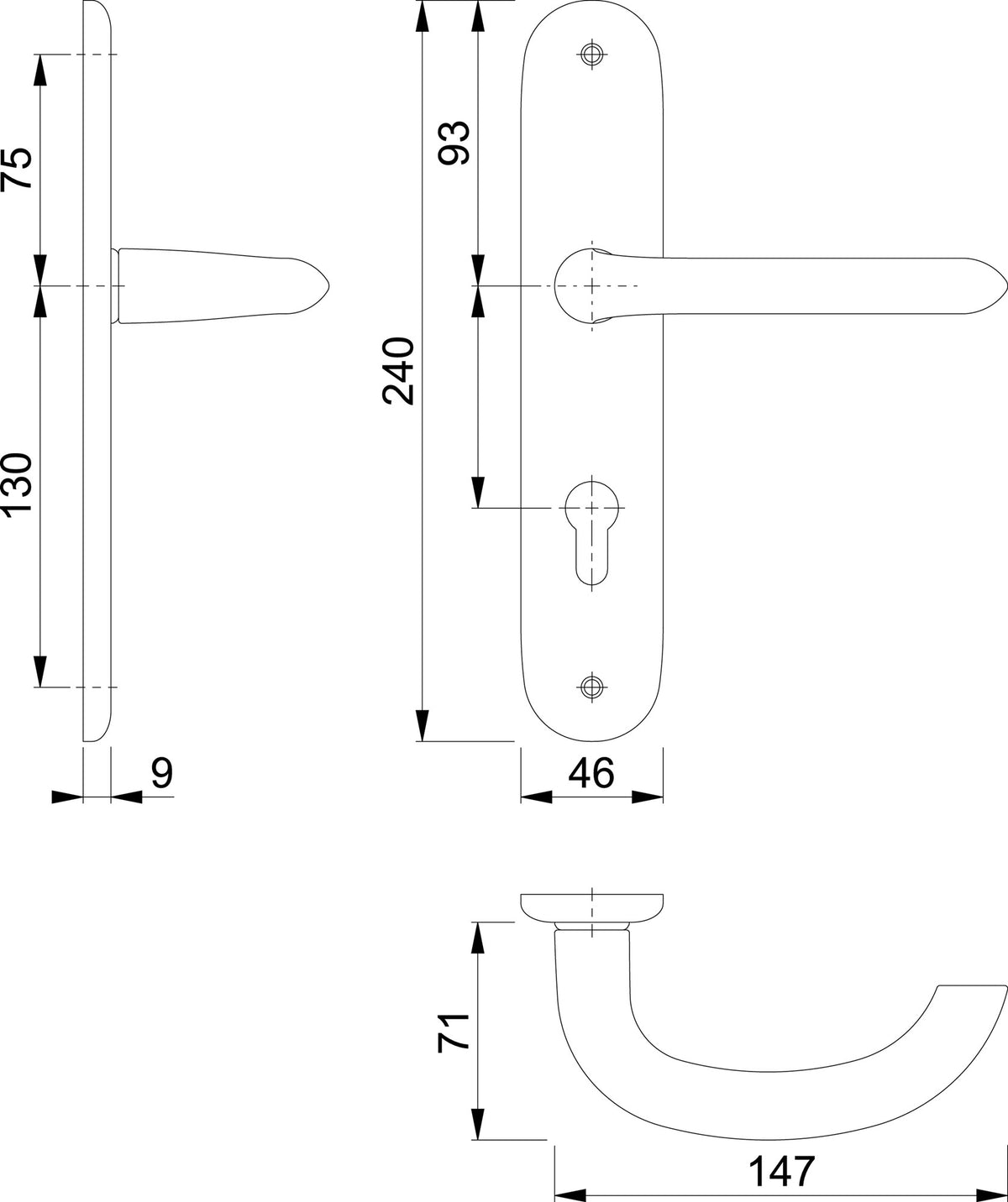 HOPPE Langschildgarnitur Marseille 1138/273P Aluminium F1 DIN L/R – für Innentüren