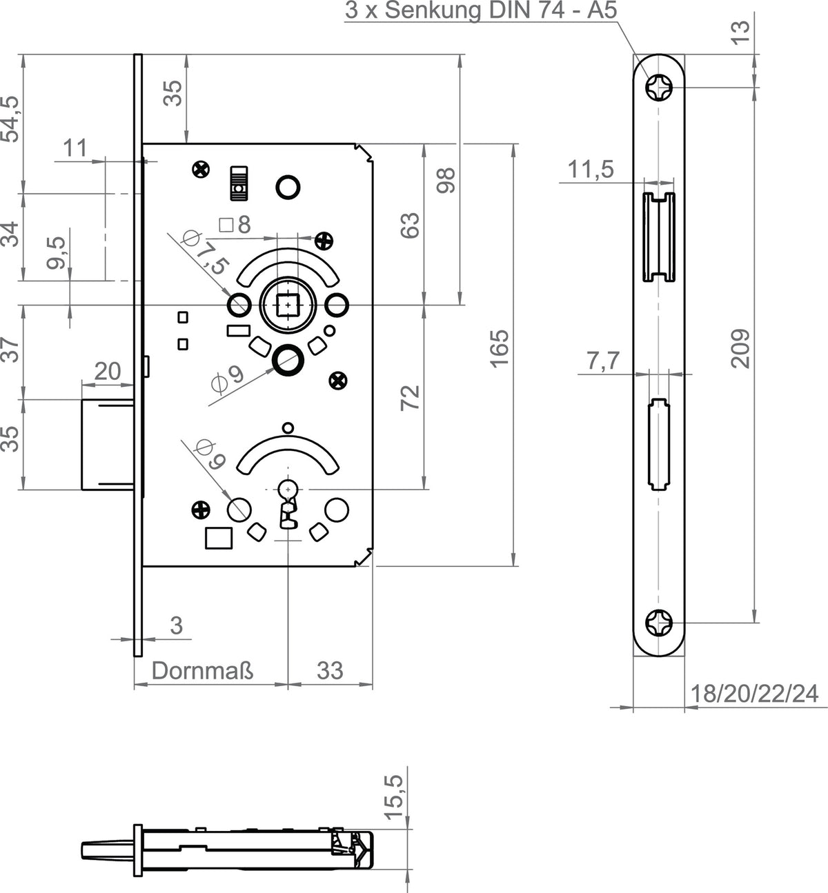 SSF Zimmertür-Einsteckschloss MG 50 SET – Edelstahl abgerundet, BB, 55/72/8 mm, DIN L/R