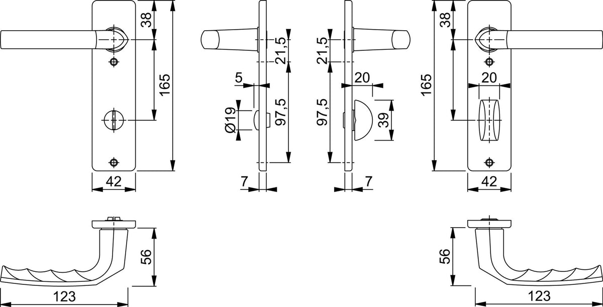 HOPPE Kurzschildgarnitur Birmingham 1117/202KP/AP – Aluminium F1, eckig, DIN links/rechts