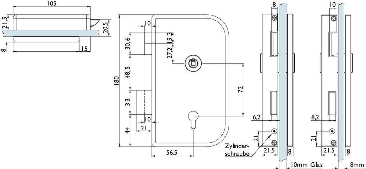 HERMAT Glastürschloss 6033 PZ L-Roma Edelstahl matt DIN links für 8 mm Glas