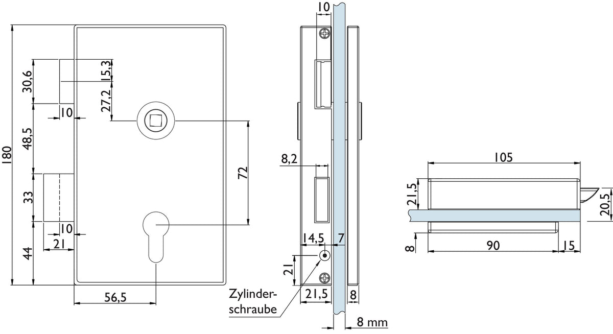 HERMAT Glastürschloss 6053 PZ L-Molina Edelstahl matt – DIN links, Flüsterfalle