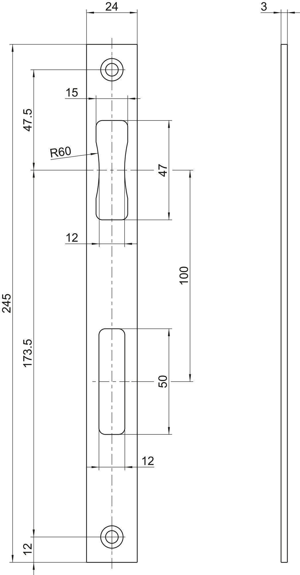 BKS Schließblech B 9000 Edelstahl silber 24 x 270 mm käntig DIN rechts