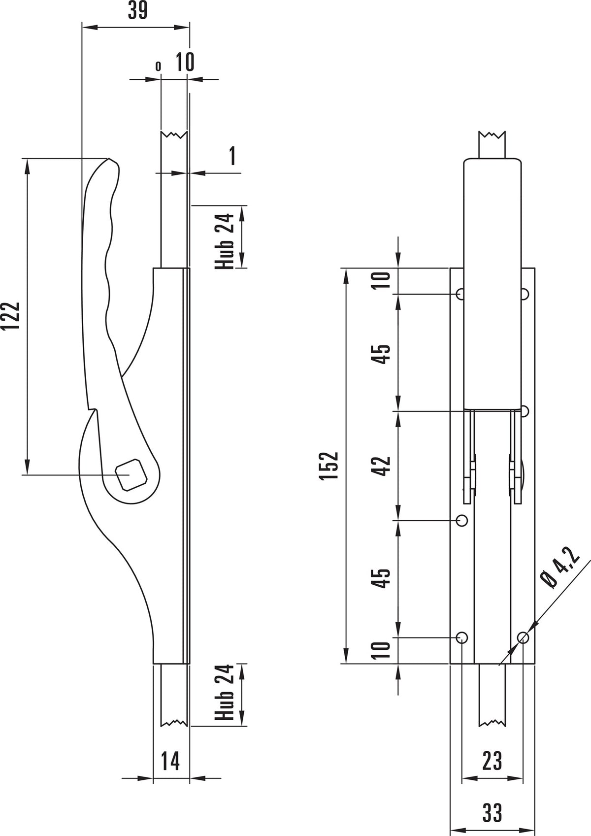 DENI Tortreibriegel PLANO 10 mm mit 2 Schlaufen, hell verzinkt, für Vierkantstangen