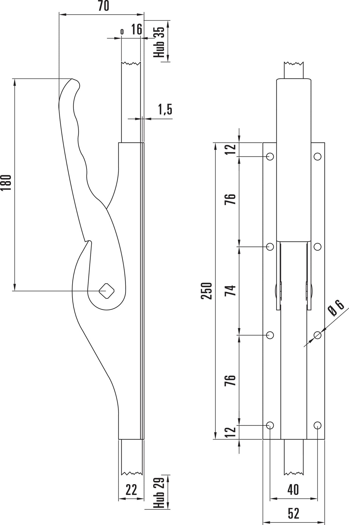 DENI Tortreibriegel PLANO 10 mm mit 2 Schlaufen, hell verzinkt, für Vierkantstangen
