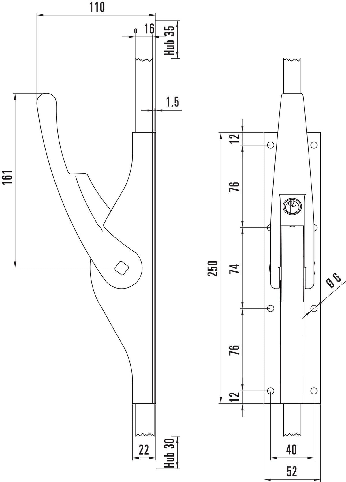 DENI Tortreibriegel PLANO 10 mm mit 2 Schlaufen, hell verzinkt, für Vierkantstangen
