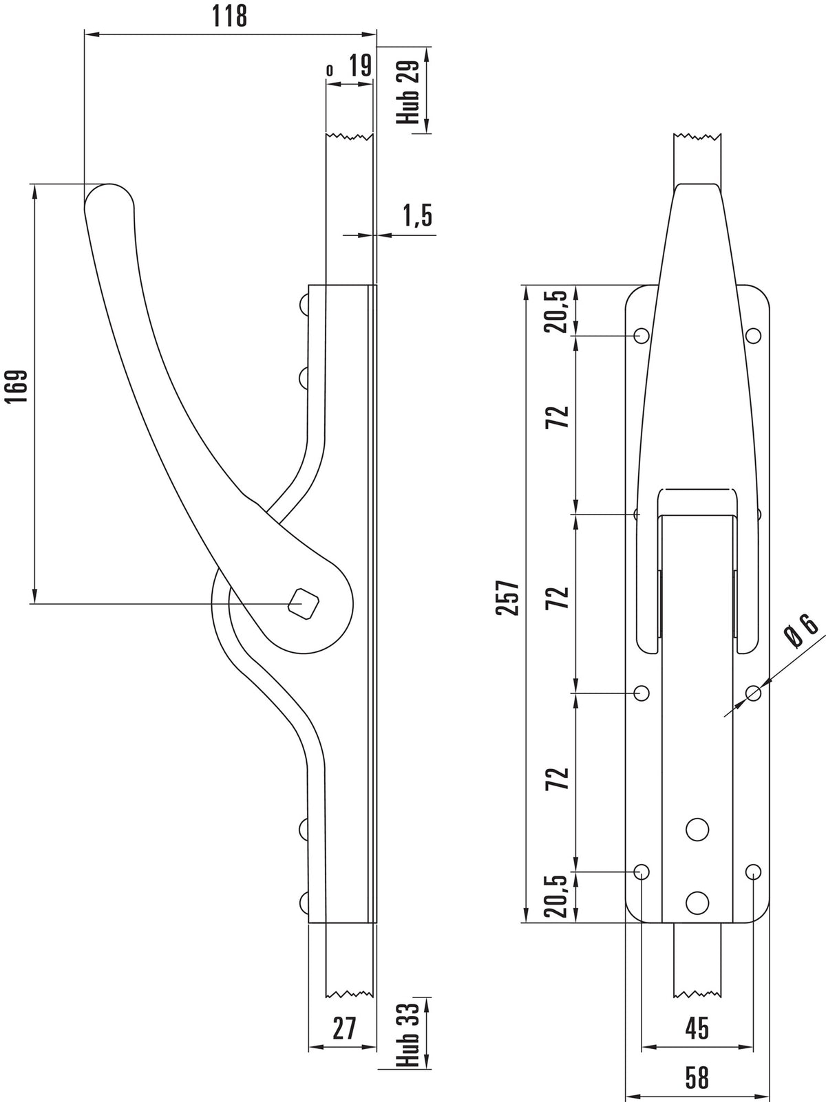 DENI Tortreibriegel PLANO 10 mm mit 2 Schlaufen, hell verzinkt, für Vierkantstangen