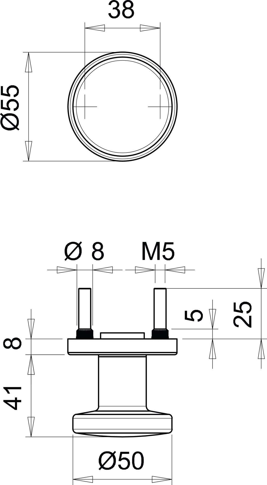 EDI Türknopf K7/052/02 Edelstahl matt – gerader Knopf auf runder Rosette, Ø 55 mm