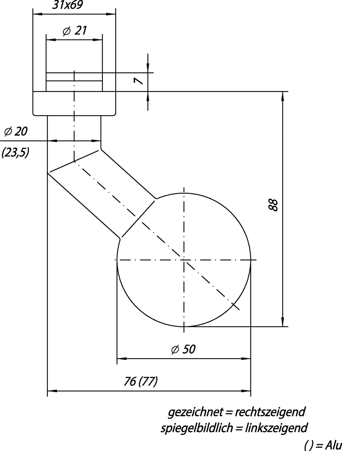 OGRO Profiltürknopf 3548V/6620 AL – Fester Kugelknopf, Aluminium F1, DIN links/rechts