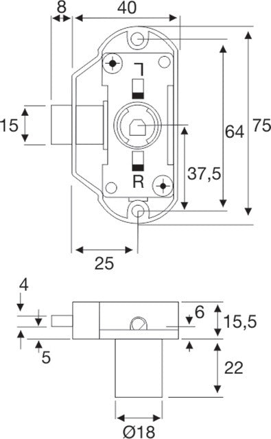 BMB Drehstangenschloss 25 mm inkl. Innenzylinder – vernickelt, links/rechts, für Drehstangen 6/5 mm